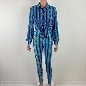 Women's Miss8  Jeweled Print Button Front Shirt & Legging Set Size Small Blue